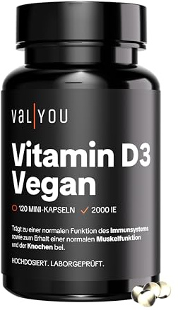 VALYOU Veganes Vitamin D3 2.000 IE ◉ 120 Kapseln je 50 μg ◉ Hochdosiert aus pflanzlicher Quelle ◉ Vitamin D für Immunsystem, Muskeln & Knochen ◉ 8 Monate Vorrat ◉ Laborgeprüfte Premium-Qualität