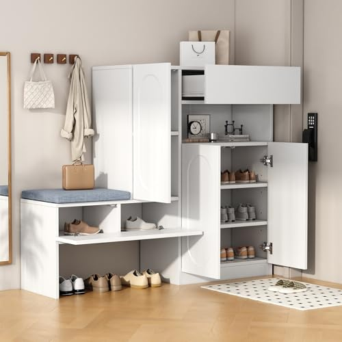 Moimhear Scarpiera 2 in 1 con ante curve, 130 x 35 x 110 cm, porta pieghevole con funzione soft close, scomparti regolabili in altezza e panca imbottita (bianco)