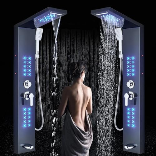 ZAMERY Sistema de torre de panel de ducha LED 5 en 1 - Cascada, cabezal de ducha de lluvia, de mano, chorros corporales y boquilla de bañera, juego de sistema de columna de ducha, color negro