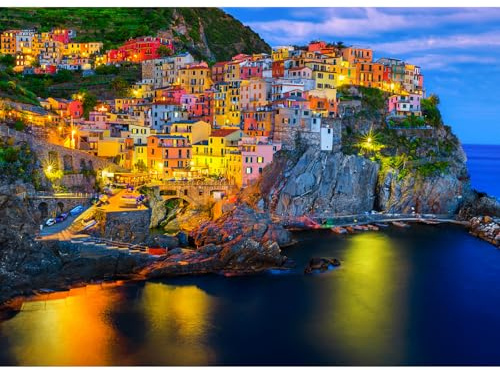 HUADADA Pussel 1000 delar, pussel 1 000 bitar landskap, familjeinteraktivt pussel present nattvy av Cinque Terre