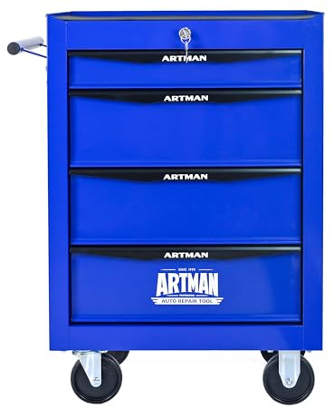 Generisch Carrello portautensili con 4 cassetti con guida a sfera, mobile armadietto per attrezzi, 77,7 cm (52,4 x 33 cm), scatola in acciaio con chiave e 4 ruote girevoli – nero/blu