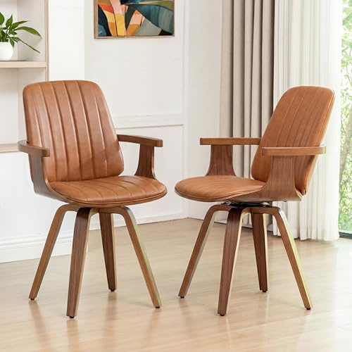 WUPOTO Dining Chairs Set of 2, Mid Century Modern Dining Room Chairs, Upholstered Faux Leather Kitchen Chairs with Wooden Arms and Legs, 360 Degree Swivel (Brown, Set of 2)