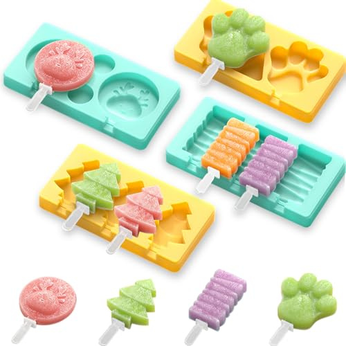 Paquete de 4 moldes de silicona de dibujos animados para paletas de hielo de 10 cavidades sin BPA con palos reutilizables para niños