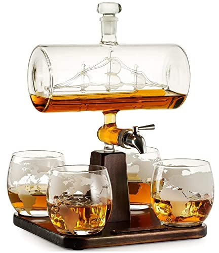 Whiskey & Wine Decanter with Antique Ship - The Wine Savant Ship Decanter Set with 4 Globe Glasses, Drink Dispenser for Wine, Whiskey Decan, Liquor Decanter, Scotch, Rum and Liquor or Spirits 1000ml