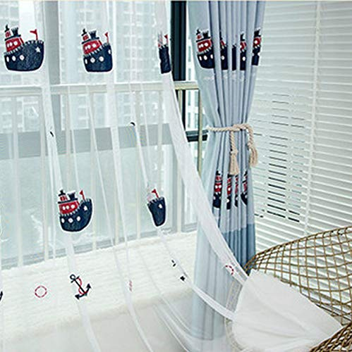 Lactraum Vorhang Jugendzimmer Junge Maritim mit Ösen Transparent Weiß Bestickt Schiff Möwe Anker Voile 200 x 245cm
