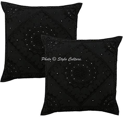 Stylo Culture Boho Forros De Cojines Decorativa 60x60 cm Algodón Espejado Fundas Almohadones Cama Negro 24x24 Inch Bordado Cuadrado sobre Fundas para Los Cojines del Sofa - 2 Pcs