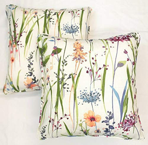 Set of 2 Meadow Flowers Cushion Covers Vibrant Pink and Purple Lilac Heather Botanical Flowers on Green Stems and Leafs Design On a White Background Pillow Case 18 x 18 PROUDLY MADE IN THE UK