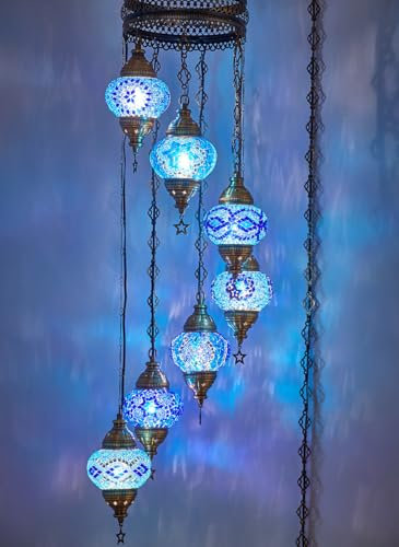 DEMMEX Lampe à brancher, plafonnier suspendu en mosaïque colorée turque marocaine, luminaire suspendu, lustre avec cordon de 4,5 m et prise UE, 7 teintes, aucun câblage requis, pend 130 cm