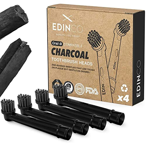 Edinco Recyclable Charcoal Toothbrush Heads for Oral B (4/8 Pack) Black | Sensitive Deep Clean, Plaque Removal, Whitening | Fits Pro, Vitality, Triumph (Not iO), (4 Pack)