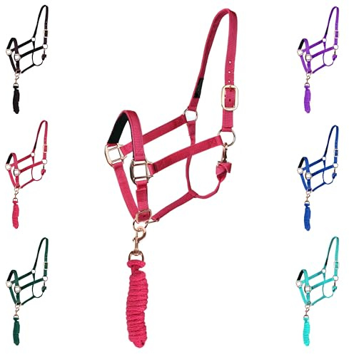 Majestic Ally Halter with Lead Rope for Horses–Adjustable Chin and Crown–Rolled Throat Latch with Replaceable Snap–Padded Noseband–Heavy Duty Rose Gold Finish Hardware–Full
