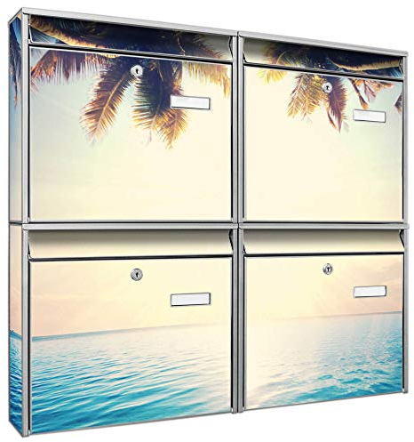 banjado Briefkastenanlage 4 Fach - Postkästen groß - verzinkter Stahl Silber DIN A4 Motiv Paradis - Briefkasten Set 4 Briefkästen Namensschild, 2 Schlüssel, Montagematerial