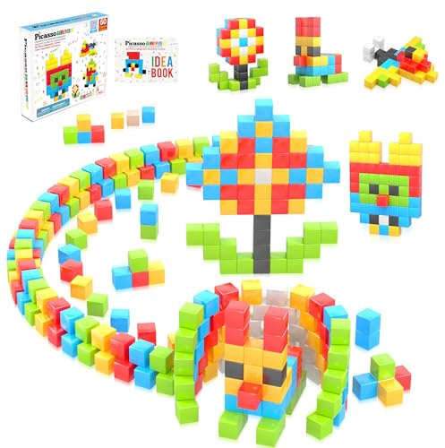 PicassoTiles 60 delar 2,5 cm magnetiska byggstenar, 3D-konstruktionskuber magnet sensoriska leksaker, gåvor med gratis idébok för barn, småbarn och bebisar - PMC60