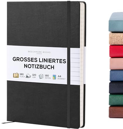Beechmore Books Notizbuch liniert - XL A4, Schwarz I Premium Hardcover Journal Buch aus veganem Leder, 120gsm creme Papier, Geschenkbox, für Schriftsteller, Journalisten, Meetings & Studenten