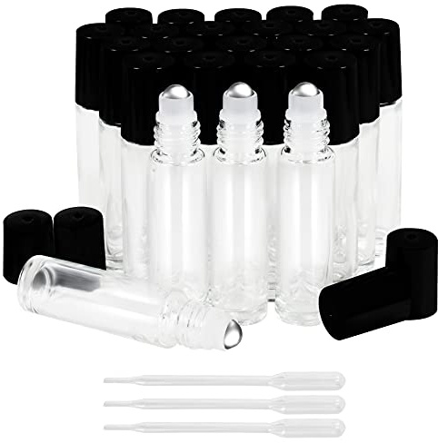 Belle Vous Rullflaskor i glas och 3 droppflaskor (24-pack) – 10 ml påfyllningsbara rullflaskor med kulor i rostfritt stål – eteriska oljor, aromaterapi, parfym, doft, läppbalsam, olja och kosmetika
