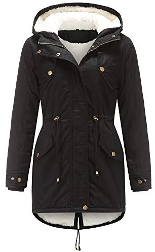 WERVOT Damen Parka Winterjacke mit Kapuze, Baumwolle Kordelzug Hoodie Fleece Gefüttert Mantel Warme Fell Jacke Outdoor Lang Coat Mit Taschen(Schwarz,4XL)