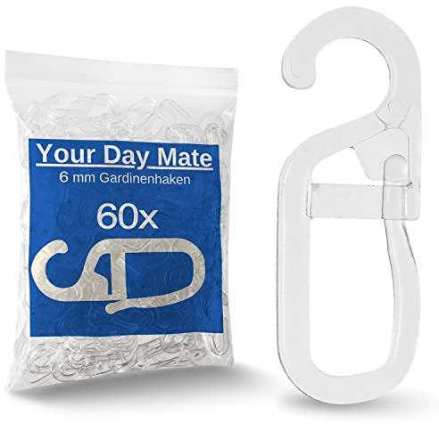 Vorhanghaken für Gardinen Ringe, 60 Stück, mit Ø 6 mm Öse, für Gardinenringe mit 4 bis 6 mm, in Transparent, Gardinenringe Haken zum Einhängen, Faltenlegehaken für Vorhangringe, Vorhang Haken Clip