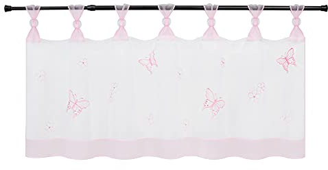 HeichkelL Scheibengardine Schmetterling Stickerei Bistrogardine Küchengardine Voile Kurzgardine mit Schlaufen Modern Inklusive Deko-Kugeln Rosa HxB 30x120 cm