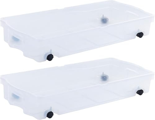 Rubbermaid 70 Quart Under the Bed Low Profile Storage Boxes with Dual Hinged Lids and Easy Rolling Caster Wheels, Clear, 2 Pack