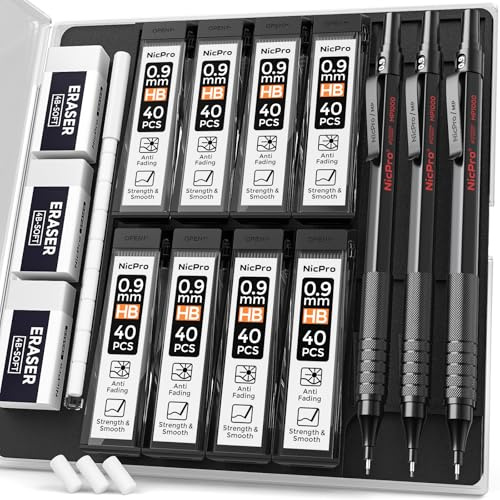 Nicpro Juego de lápices mecánicos de metal 0.9 con estuche de almacenamiento, 3 lápices de dibujo negro 0.9, 6 piezas de repuesto de plomo HB, 3 gomas de borrar