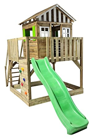 | MASGAMES | Aire de jeux Lollipop | Maison surélevée avec toboggan | Échelle facile d'accès | Mur d'escalade | Bois traité pour extérieur | (XL)