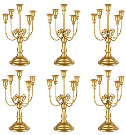 Romadedi Candelabra Gold Candle Holders - 5 Arm 11.8 Wedding Candlestick Holder for Theme Party Table Centerpiece Decor Dining Room Birthday Holiday Christmas, Set of 6