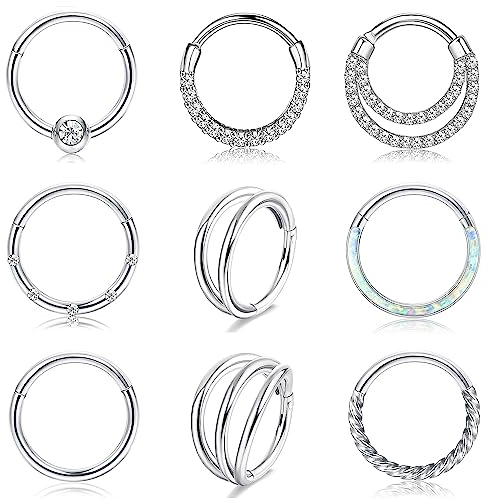 Adramata 9 Stück Nasenpiercing Ring 16G Septum Chirurgenstahl Nasenring Clicker Opal CZ Conch Tragus Helix Ohr Schmuck 8mm 10mm,8