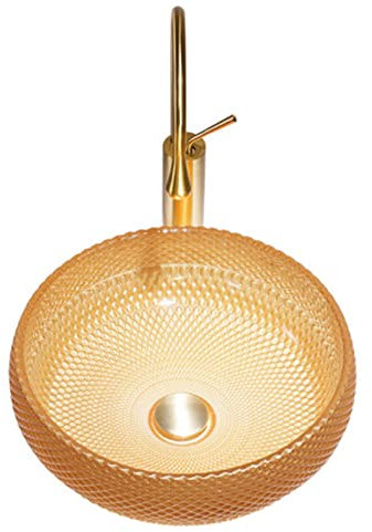 MUSUMI Badezimmer-Waschbecken, 15-Zoll-Arbeitsplatte, gehärtetes künstlerisches Glas-Waschbecken mit goldenem Messing-Wasserhahn, runder Badezimmer-Waschtisch (C)