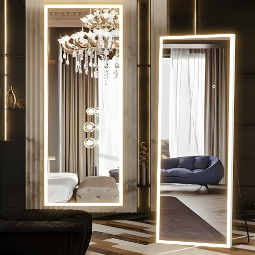 NEUWEABY Specchio a figura intera a LED 160 x 50,8 cm, specchio rettangolare grande corpo per camera da letto soggiorno appeso o appoggiato alla parete telaio in lega di alluminio