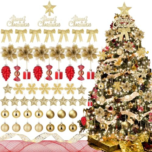 Liliful 132 Pcs Christmas Tree Ornaments Set Assortment Include Christmas Balls Ornament LED Lights Glitter Poinsettia Bows Tree Topper Ribbons Pine Cone Snowflake Hanging Decoration(Gold)