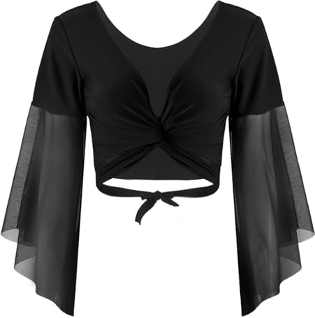 HULIJA Damen Bauchtanz Oberteil Langarm Crop Top Mit Schnür Chiffon Bolero ​Tops Bluse Tanzjacke Belly Dance Oberteil Bauchtanz Bühnenauftritt Ba Schwarz Einheitsgröße