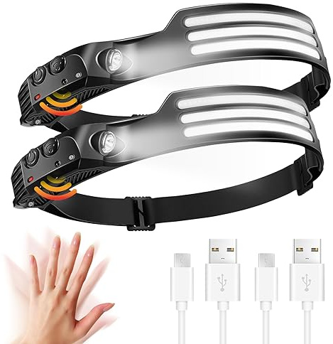 NEOVSUNY Torcia Frontale LED, Lampada Frontale con Sensore Movimento, USB Ricaricabile, Batteria 1200mAh, Leggera Impermeabile Torcia da Testa con 5 Modalità di Luce per Campeggio Corsa Pesca Lavoro