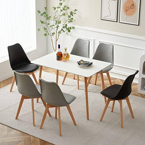 LafeuR Esszimmergruppe Esstisch mit 6 Stühlen, Essgruppen für 6 Personen, 6er Set Esszimmerstühle mit Tisch für Wohnzimmer Küche Büro(Weiß Tisch + 4 Grau & 2 Schwarz Stühle)