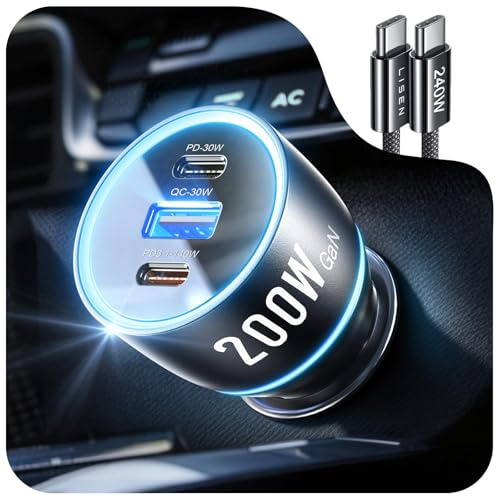 LISEN 200W Car Charger USB C Fast Charge [Gan] PD 140W Fast Car Charger USB C, 3 Port Type C Fast Charging for Multi Device, for iPhone 17 16 15 14 13 12, MacBook Neo, Laptop, iPad, Samsung S26 S25