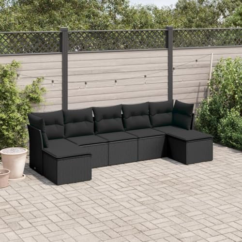 ULUYYUC 7-TLG. Garten-Sofagarnitur, Hocker Eckbankgruppe Gartenbank Gartenmöbel Set Geeignet für Garten Hinterhof Balkon Außenbereich mit Kissen Schwarz Poly Rattan