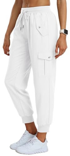 JINSHI Hosen Damen Cargohose Wanderhose Leichte Jogginghose Freizeithose Funktionshose Outdoorhose mit Taschen Weiß Größe L