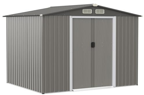 GiantexUK 6x4FT/8x4FT/8x6FT Metal Garden Shed, Outdoor Galvanized Storage House with 4 Air Vents & 2 Sliding Doors, Slope Roof Utility Shed Building for Backyard Garage (8.5x7FT, Dark+Light Grey)