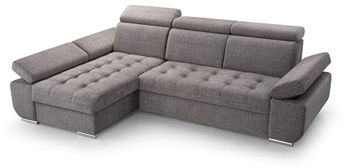 FurniShop24 Ecksofa mit Schlaffunktion und Bettkasten - Eckcouch L-Form mit Bewegliche Kopfstützen, Klappsofa - Schlafcouch zum Wohnzimmer, Modern Design Schlafsofa Bianco: Grau, Ecksofa Links