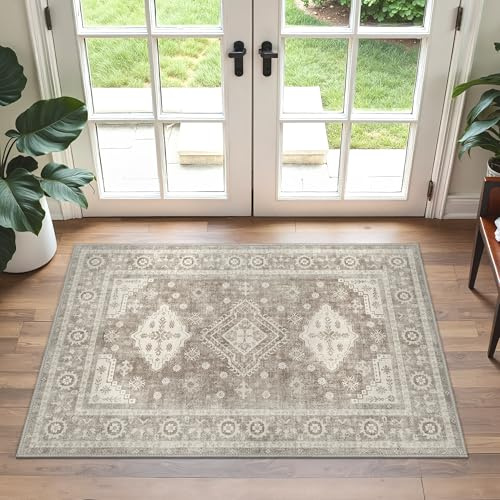 GENIMO - Alfombra vintage 60 x 90 cm - Antideslizante, lavable, con pelo corto - Para pasillo, entrada, dormitorio - Marrón