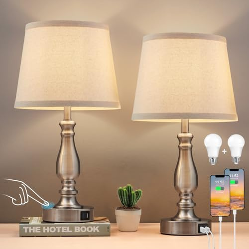 GyroVu Nachttischlampe 2er Set, Bedside Lamps mit USB A+C Ladeanschlüssen | Touch Tischlampe mit Kabel, 3-Stufig Dimmbar Table Lamp für Schlafzimmer Wohnzimmer Hotel Büro (LED-Birne Inklusive)