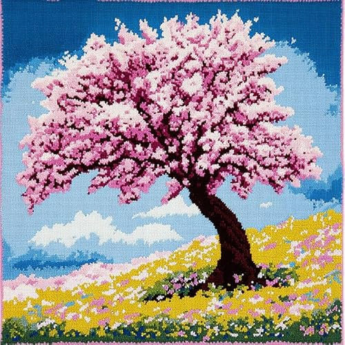 AxiangziK DIY knüpfen set erwachsene knüpfkissen,Ein großer rosa Baum,Knüpfhaken-Kissen-Set,bedruckte Leinwand für Anfänger,Stickerei,Bastelkissen,17x17in