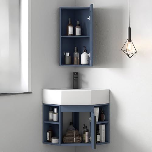 Eckwaschbecken mit Stauraumdose und Schrank - Keramik Eckspüle für Küche und Bad (blau 45cm)