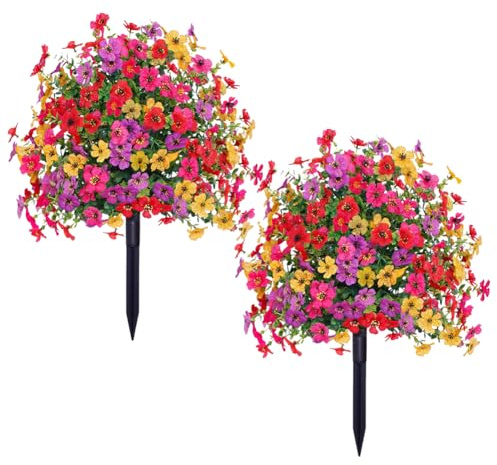 JOYWU 60cm Artificial Boxwood Topiary Ball Trees with Violet Flowers,UV Resistant Faux Plants Outdoor with Ground Spike,Lifelike Fake Shrubs Bushes for Porch Front Garden Home Decor (2, Colourful)