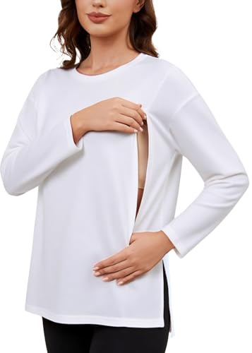 Love2Mi Damen Stillshirt mit Verstecktem Reißverschluss Langarm Stillen Tshirt Lose Stilltop Freizeit Umstandsmode