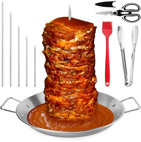 Vertical Kebab Skewer Stand, Stainless Steel Vertical Skewer Grill with 5 Replacement Spikes, 1 Brush, 1 Clip, 1 Scissors, for Steak, Chicken, Fish, Turkey Kebab