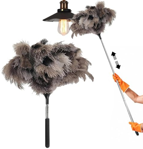 SANTUO Feather Duster Extendable, Ostrich, 43-115cm, Natural Feather Cleaning Tool for High Ceilings, Lamps, Cabinets, Furniture, No Static, Safe for Electronics, Home, Office