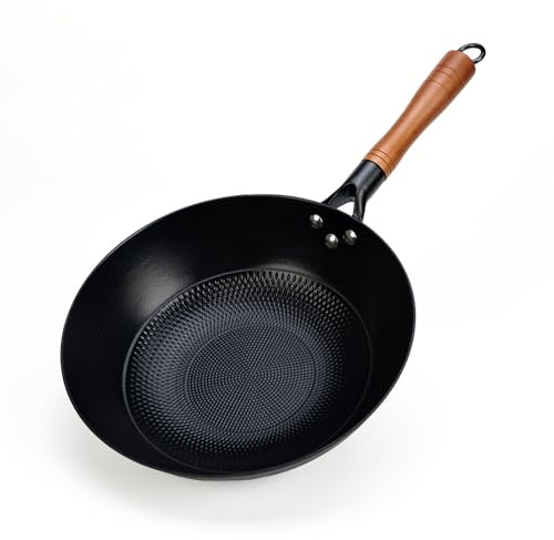 LFSMGS Pre-coated non-stick cast iron wok with wooden handle (no lid), suitable for gas, induction, and electric stoves, easy to use and maintain (11 inches)