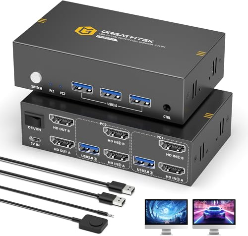 8K HDMI KVM Switch 2 Monitors 2 Computers,8K@60HZ USB3.0 Dual Monitors KVM Switches for 2 PC/Laptops Share Mouse Keyboard and 2 Screens,with 2 USB Cables/Controller,EDID Adapative,Plug&Play