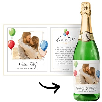 Flaschenetiketten Geburtstag selbst gestalten – Set mit 2 Stickern (Vorder- & Rückseite) – personalisierbar mit Foto & Text – für Wein/Sekt – wasserfest – DIY Geschenk (Ballon bunt)