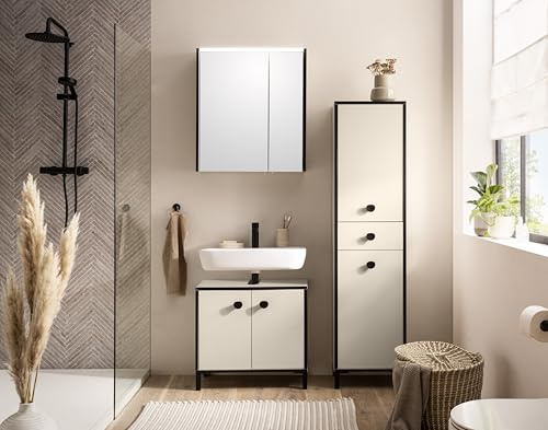 Schildmeyer Badmöbel-Set Edda 702056, Spiegelschrank, Waschbeckenunterschrank, Hochschrank, cremebeige