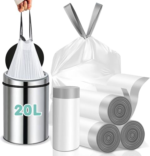 BODFPPC Bin Bags 20L, Tear-Free Drawstring Bin Liners, 20um Thickened Heavy Duty Tall Kitchen Bathroom Garbage Bags 20 Litres White 48 Counts
